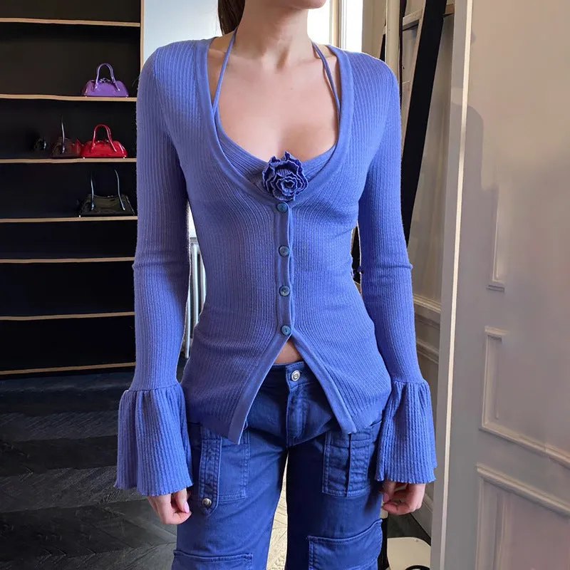 2023Autumn and Winter New European and American Women's Clothing Sexy Woolen Two-Piece Halter Long Sleeves Inner Wear Slim Breasted Top