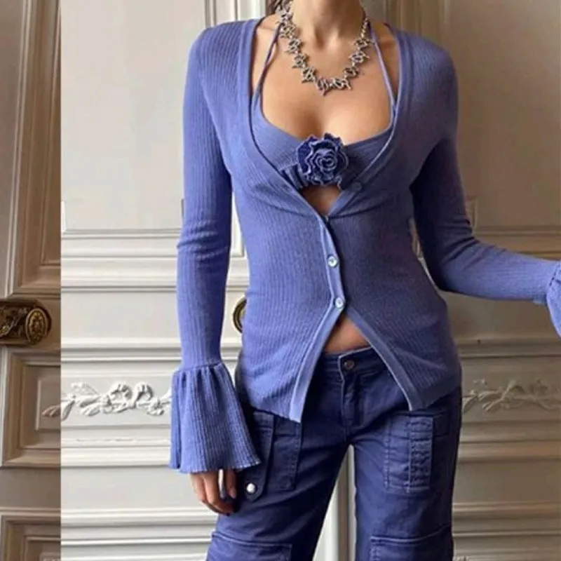 2023Autumn and Winter New European and American Women's Clothing Sexy Woolen Two-Piece Halter Long Sleeves Inner Wear Slim Breasted Top