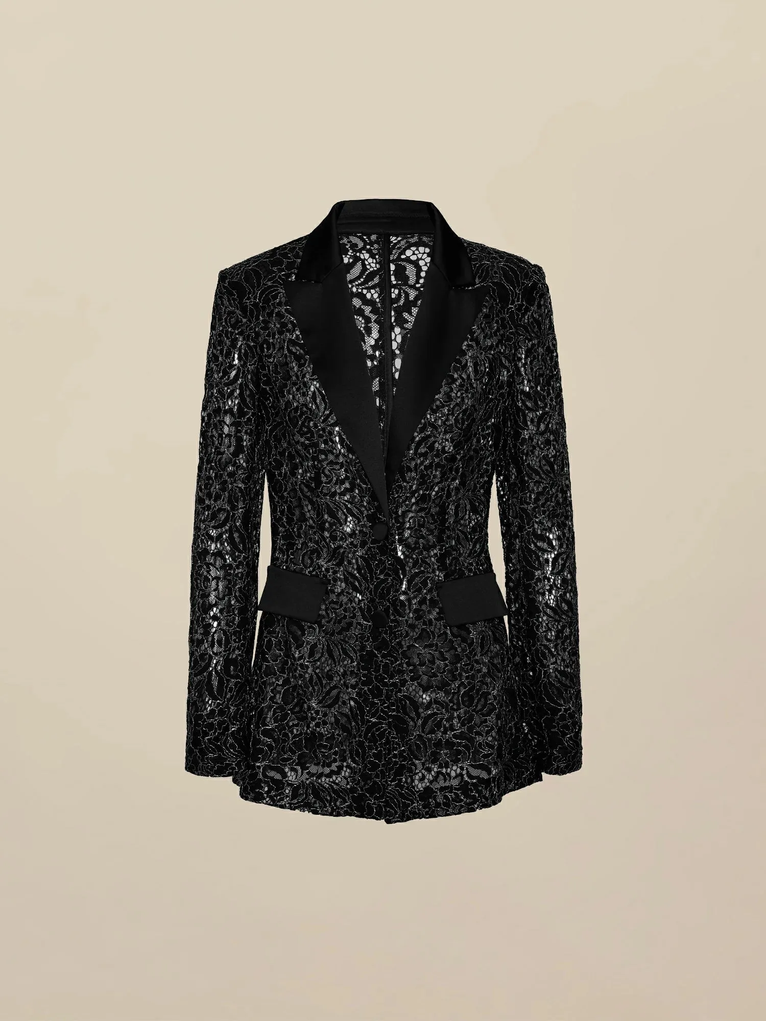 Amoretu Peak Lapel Long Sleeve Silver Metallic Lace Blazer
