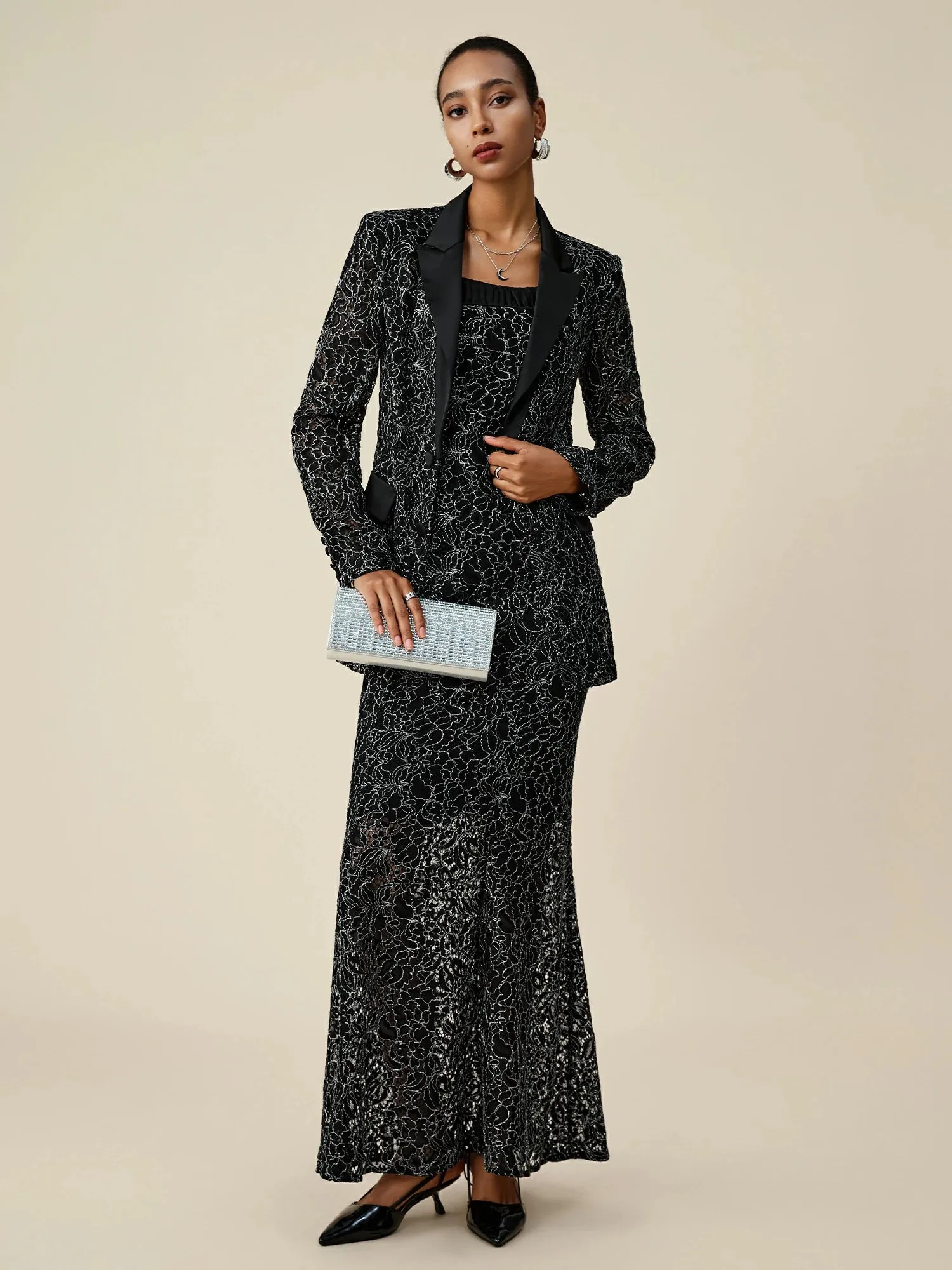 Amoretu Peak Lapel Long Sleeve Silver Metallic Lace Blazer