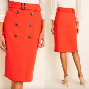 Ann Taylor Trench Pencil Red Belted Button Skirt NWT Size 12