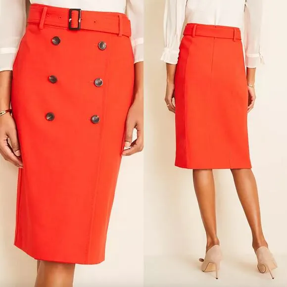 Ann Taylor Trench Pencil Red Belted Button Skirt NWT Size 12