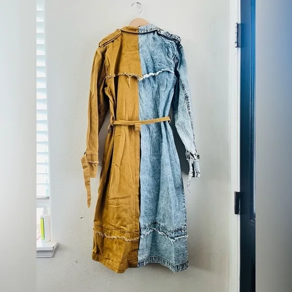 Athina BtqTrench Coat Boutique Denim Color Block Camel frayed hem belted NWT