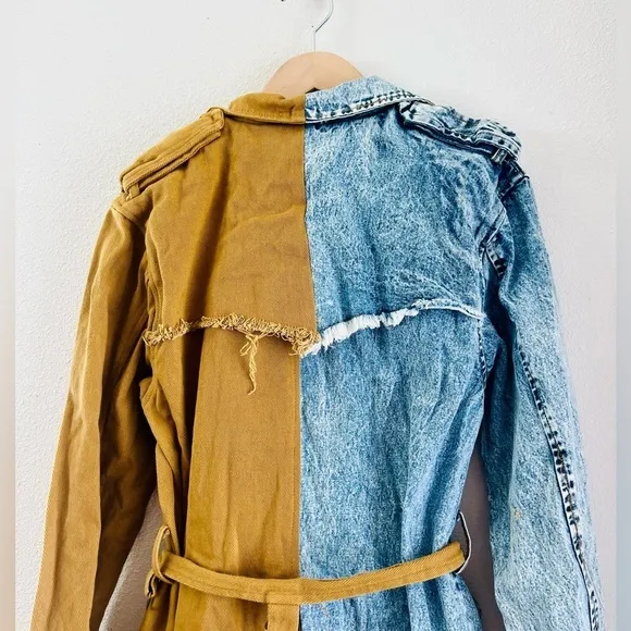 Athina BtqTrench Coat Boutique Denim Color Block Camel frayed hem belted NWT
