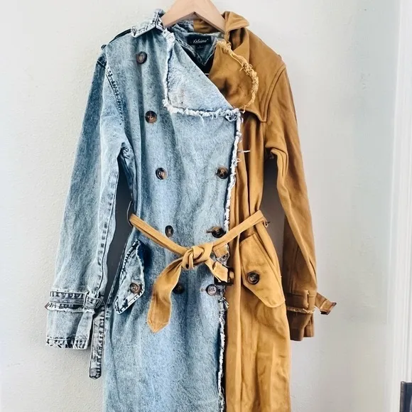 Athina BtqTrench Coat Boutique Denim Color Block Camel frayed hem belted NWT