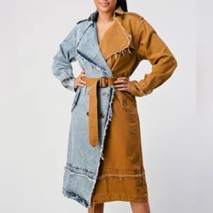 Athina BtqTrench Coat Boutique Denim Color Block Camel frayed hem belted NWT