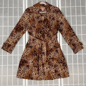 Bandolino Animal Print Corduroy Belted Trench Coat Leopard Womens Size 8 Leopard