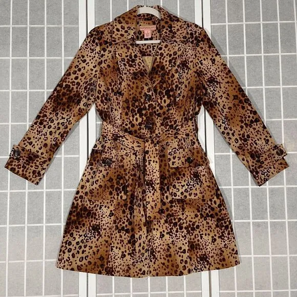 Bandolino Animal Print Corduroy Belted Trench Coat Leopard Womens Size 8 Leopard