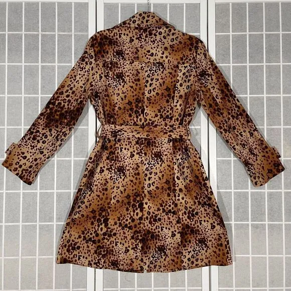 Bandolino Animal Print Corduroy Belted Trench Coat Leopard Womens Size 8 Leopard