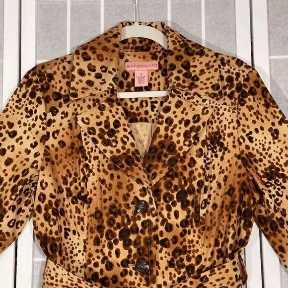 Bandolino Animal Print Corduroy Belted Trench Coat Leopard Womens Size 8 Leopard