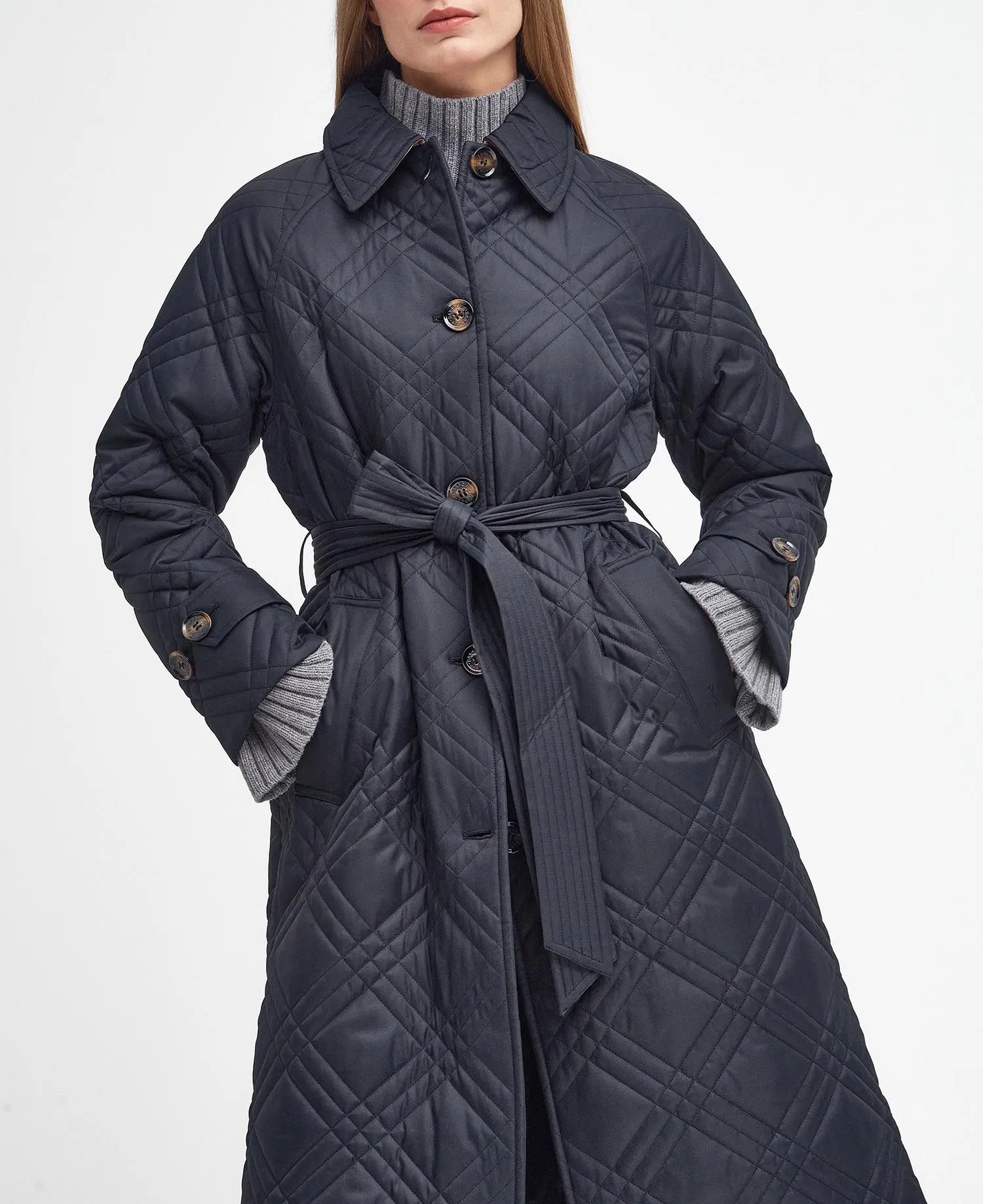 Barbour - Mariah Quilted Trench - Black/Muted Cabernet Tartan