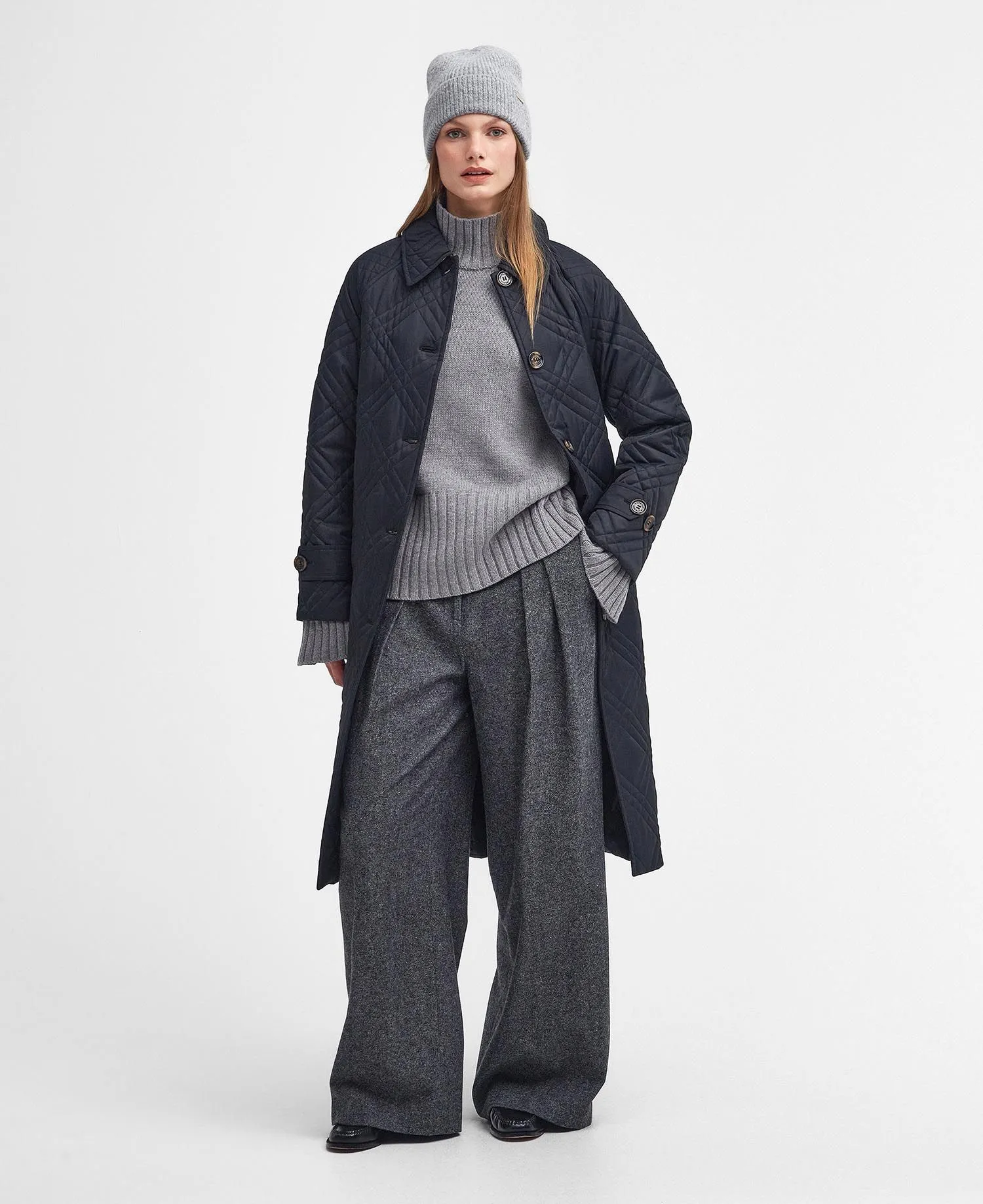 Barbour - Mariah Quilted Trench - Black/Muted Cabernet Tartan