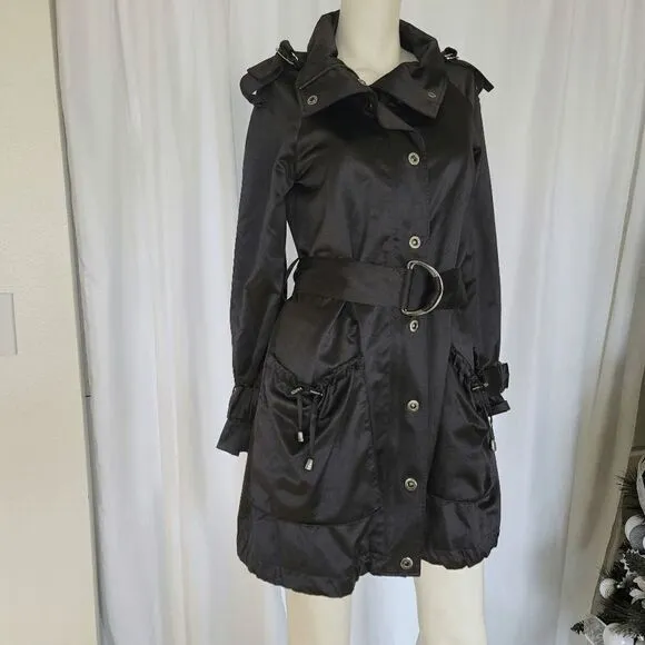 Bebe black satin sleek belted trench coat size XS