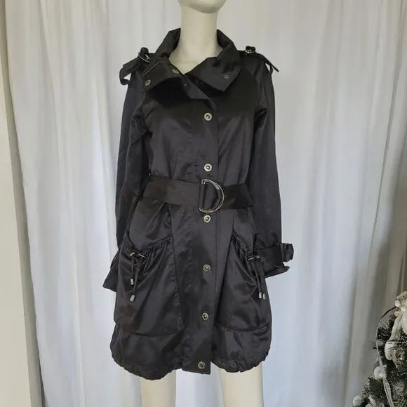 Bebe black satin sleek belted trench coat size XS