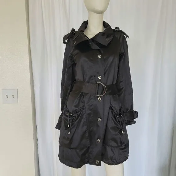 Bebe black satin sleek belted trench coat size XS