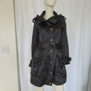 Bebe black satin sleek belted trench coat size XS