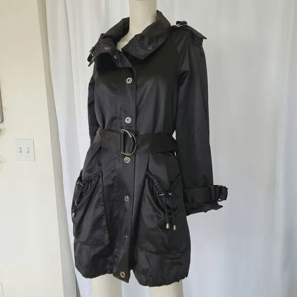 Bebe black satin sleek belted trench coat size XS