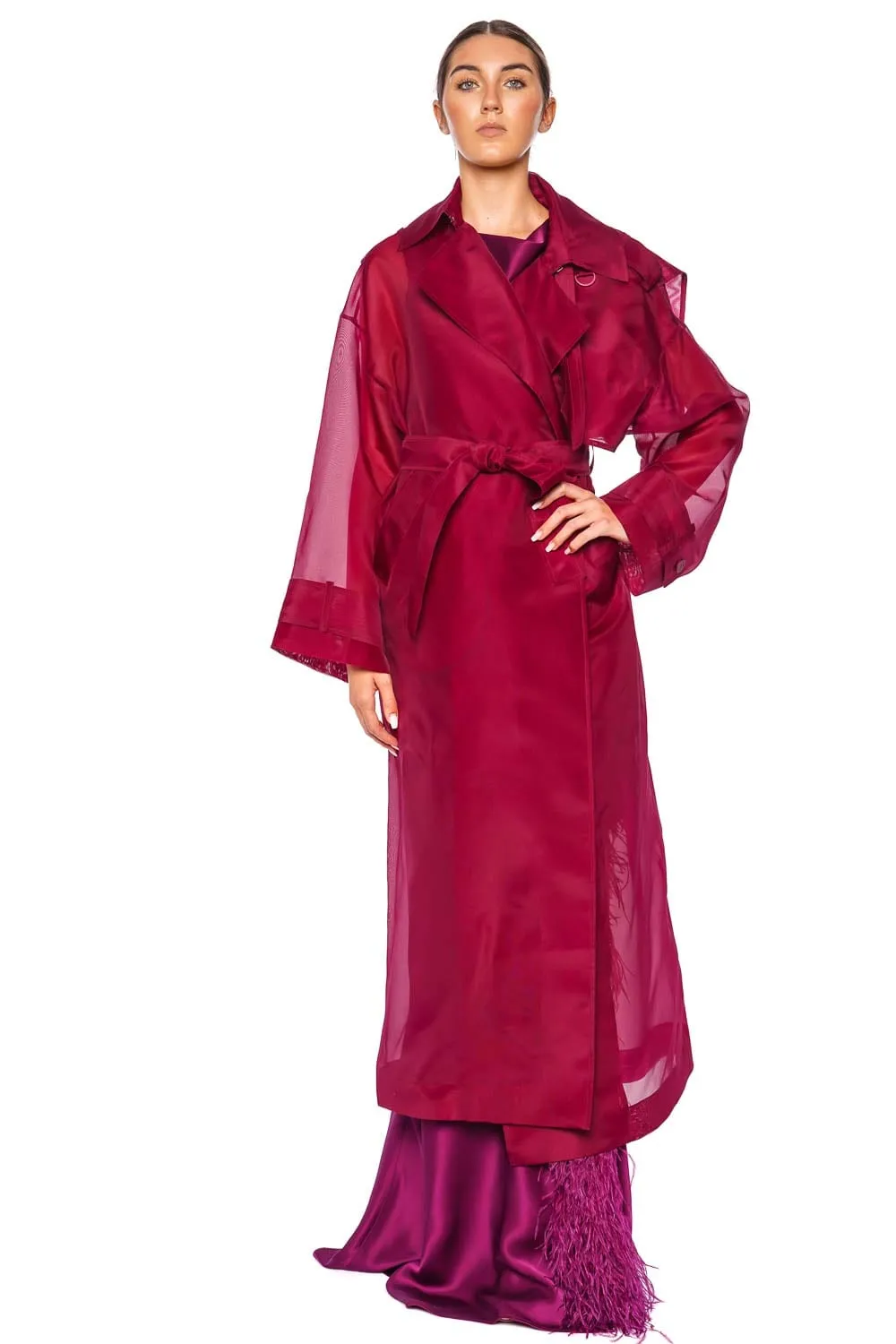 Berry Silk Organza Belted Trench Coat