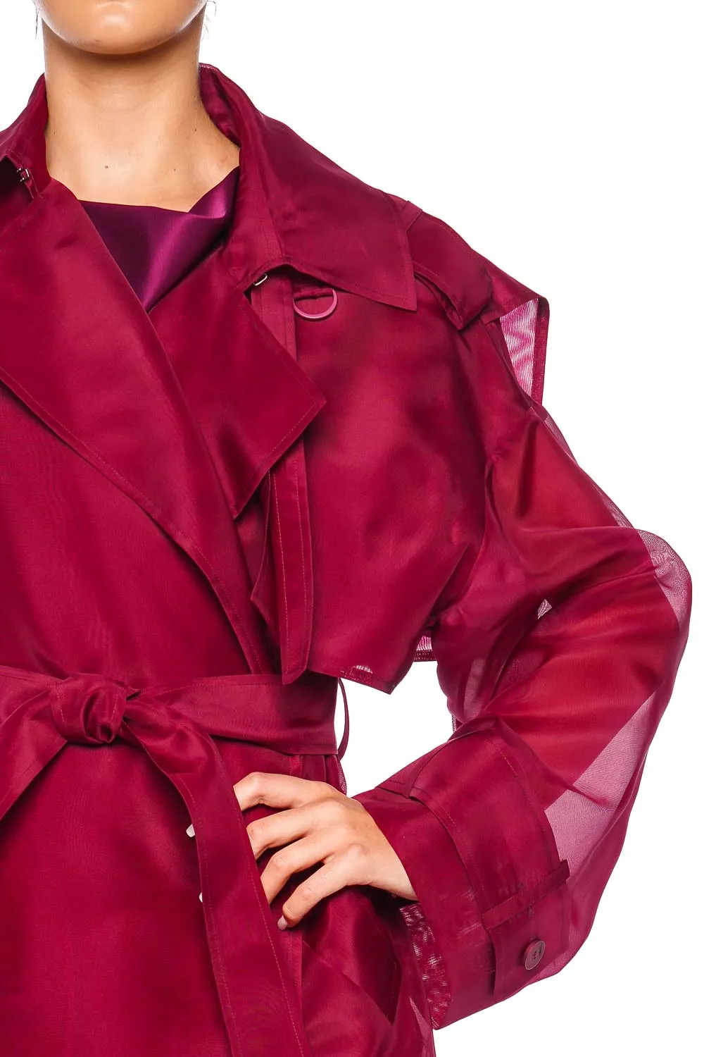 Berry Silk Organza Belted Trench Coat
