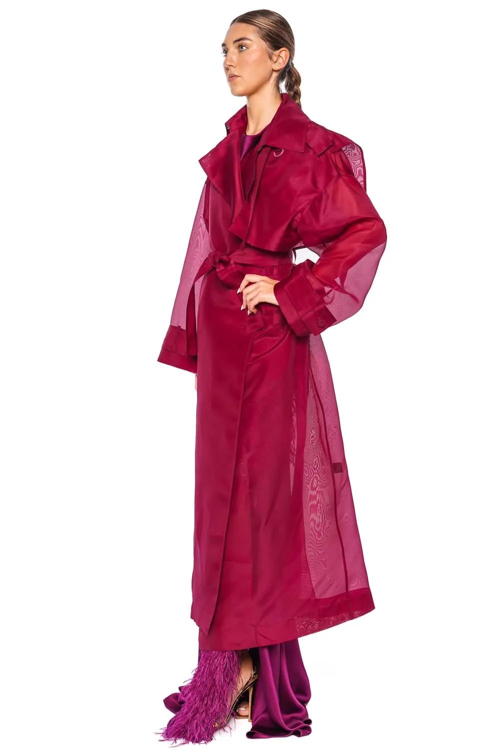 Berry Silk Organza Belted Trench Coat