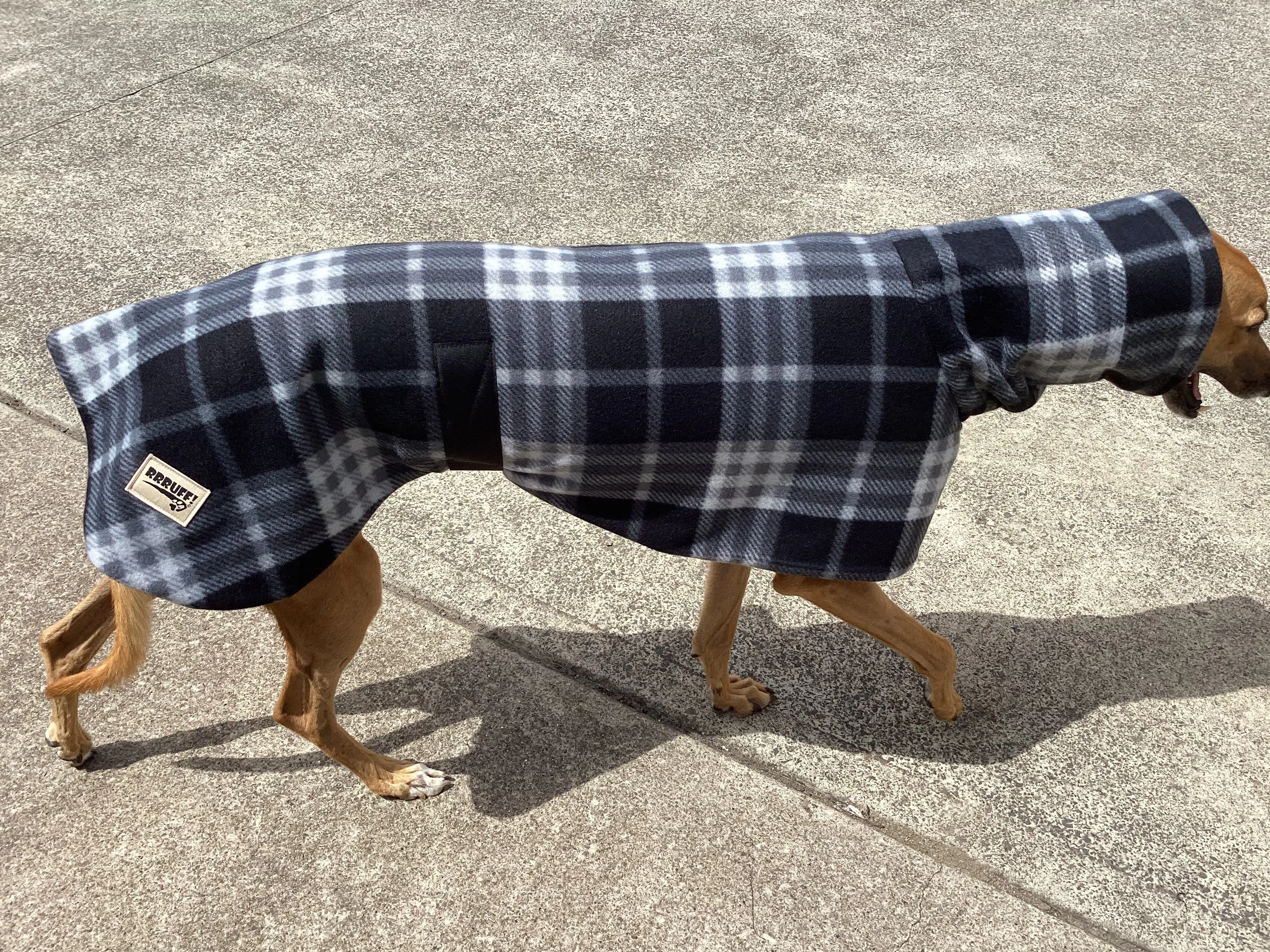 Black and grey check tartan winter deluxe style greyhound coat in double fleece with extra wide neck roll