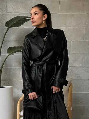 BLACK TAPE Faux Leather Short Trench Coat