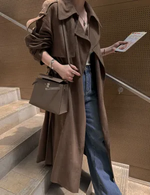 Brown Oversized Suede Trench Coat-PREORDER