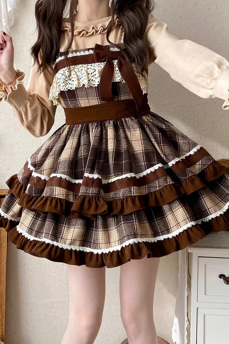 Brown Sleeveless Double-Layered Plaid Print Ruffle Bowknot Lace Sweet Lolita Jsk Dress