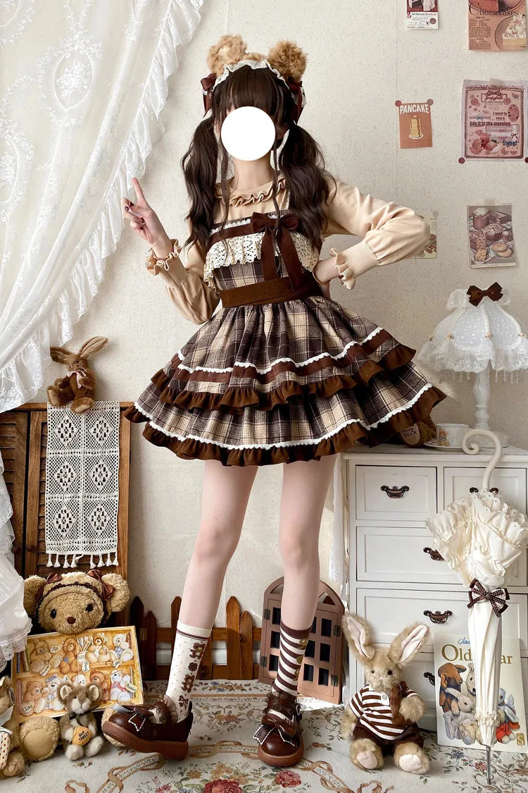 Brown Sleeveless Double-Layered Plaid Print Ruffle Bowknot Lace Sweet Lolita Jsk Dress