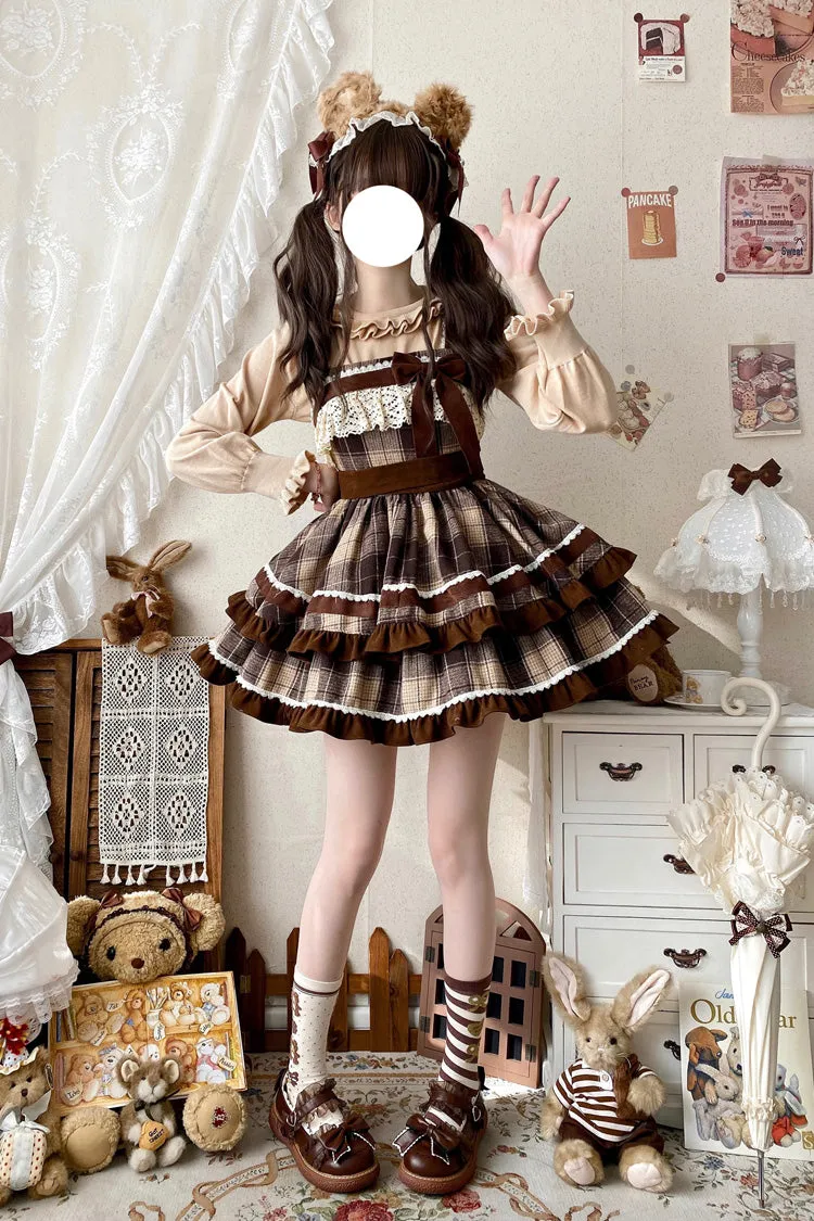 Brown Sleeveless Double-Layered Plaid Print Ruffle Bowknot Lace Sweet Lolita Jsk Dress