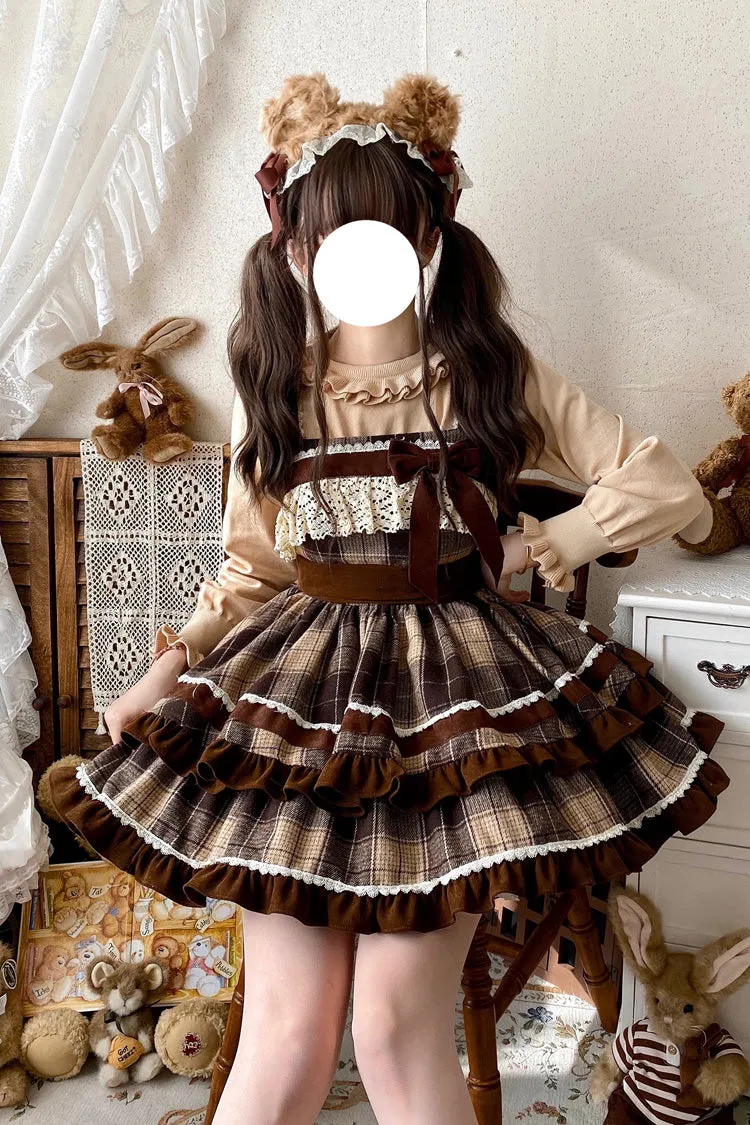 Brown Sleeveless Double-Layered Plaid Print Ruffle Bowknot Lace Sweet Lolita Jsk Dress