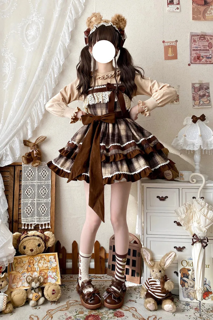 Brown Sleeveless Double-Layered Plaid Print Ruffle Bowknot Lace Sweet Lolita Jsk Dress