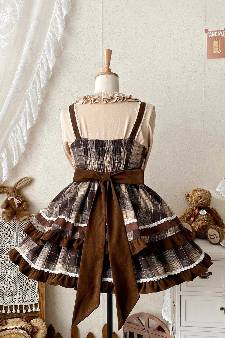 Brown Sleeveless Double-Layered Plaid Print Ruffle Bowknot Lace Sweet Lolita Jsk Dress