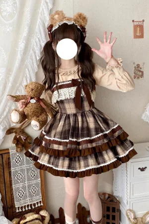Brown Sleeveless Double-Layered Plaid Print Ruffle Bowknot Lace Sweet Lolita Jsk Dress
