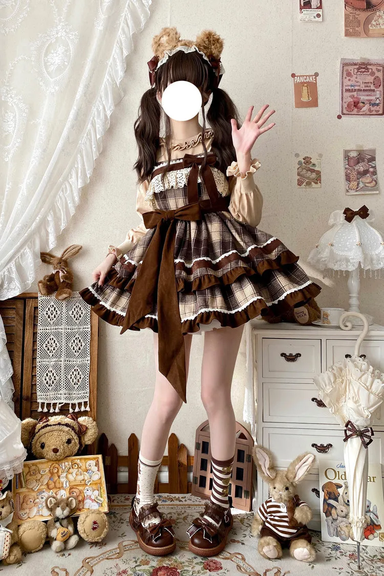 Brown Sleeveless Double-Layered Plaid Print Ruffle Bowknot Lace Sweet Lolita Jsk Dress