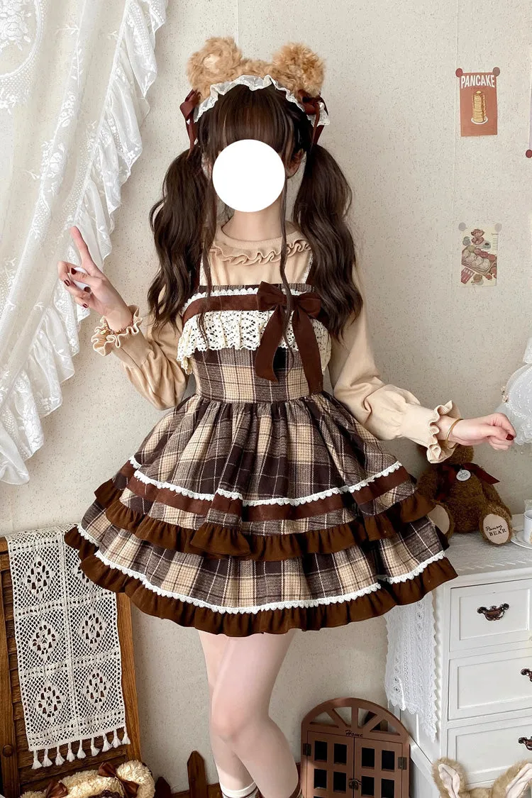 Brown Sleeveless Double-Layered Plaid Print Ruffle Bowknot Lace Sweet Lolita Jsk Dress