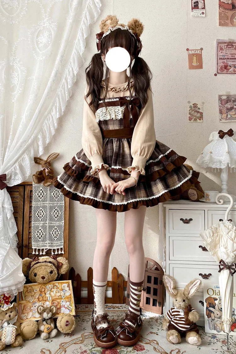 Brown Sleeveless Double-Layered Plaid Print Ruffle Bowknot Lace Sweet Lolita Jsk Dress