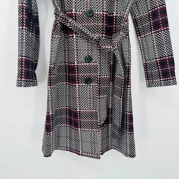 Cabi Size XS Burgundy Plaid Sovereign Trench Coat Jacket Belted Button Down