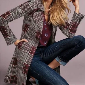 Cabi Size XS Burgundy Plaid Sovereign Trench Coat Jacket Belted Button Down