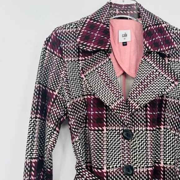 Cabi Size XS Burgundy Plaid Sovereign Trench Coat Jacket Belted Button Down
