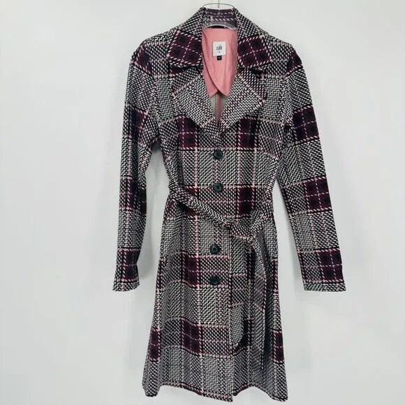 Cabi Size XS Burgundy Plaid Sovereign Trench Coat Jacket Belted Button Down