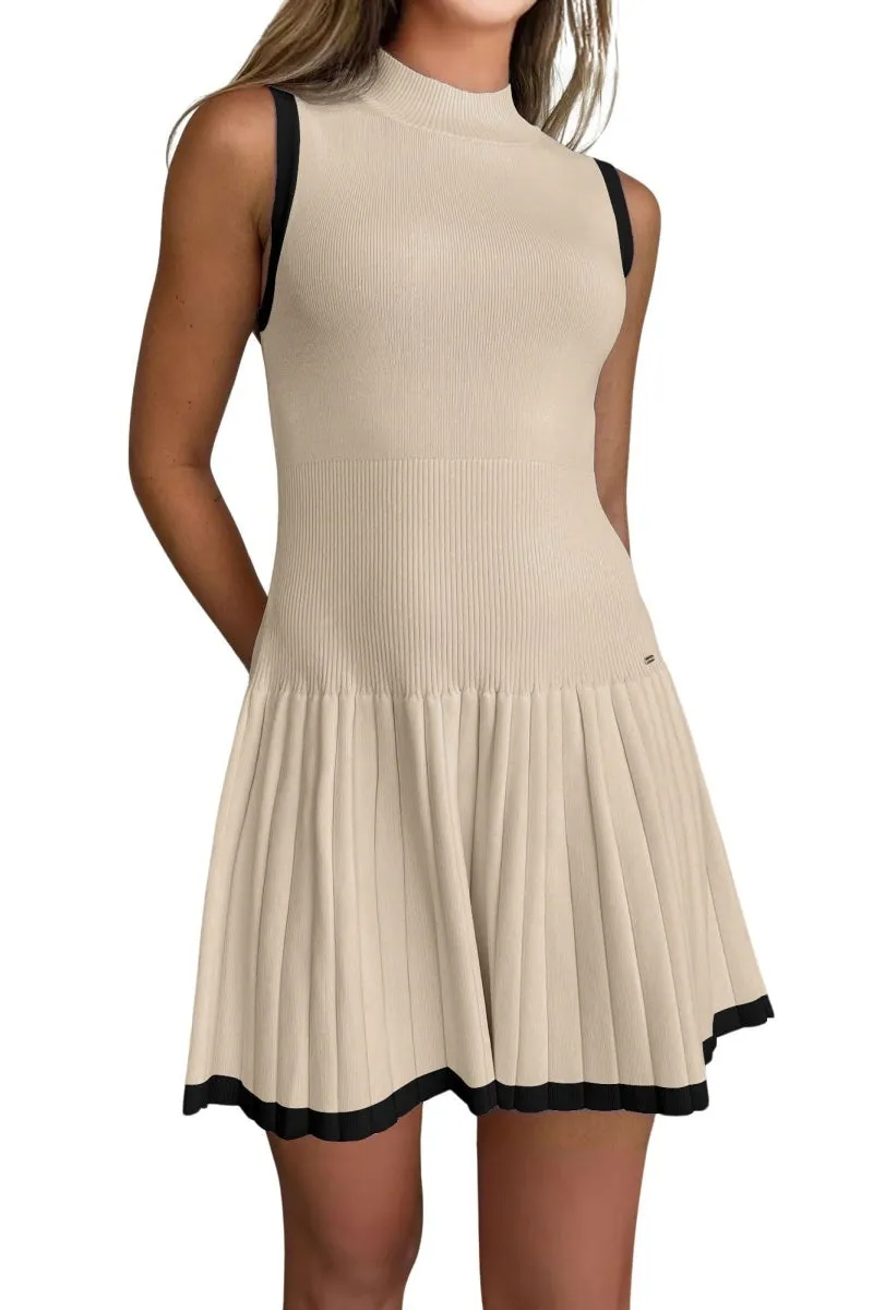 Chouyatou Women's Pleated Hem Bodycon Sweater Tank Dress Contrast Striped Ribbed Knit Sweater Mini Dress