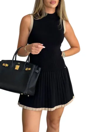 Chouyatou Women's Pleated Hem Bodycon Sweater Tank Dress Contrast Striped Ribbed Knit Sweater Mini Dress