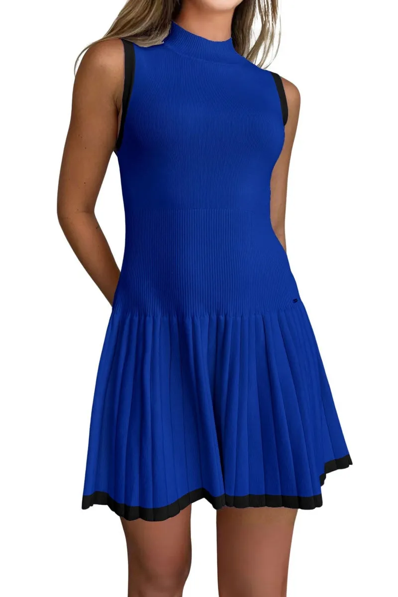 Chouyatou Women's Pleated Hem Bodycon Sweater Tank Dress Contrast Striped Ribbed Knit Sweater Mini Dress