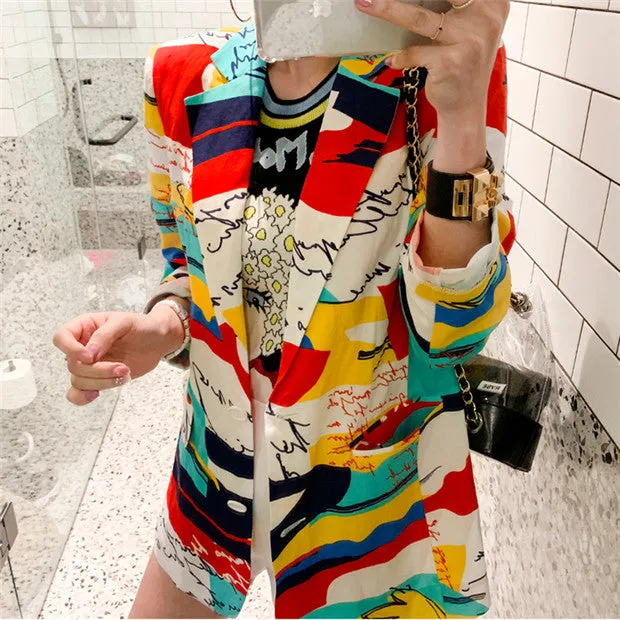 CM-CF010721 Women Trendy Street Style Tailored Collar Long Sleeve Printings Jacket