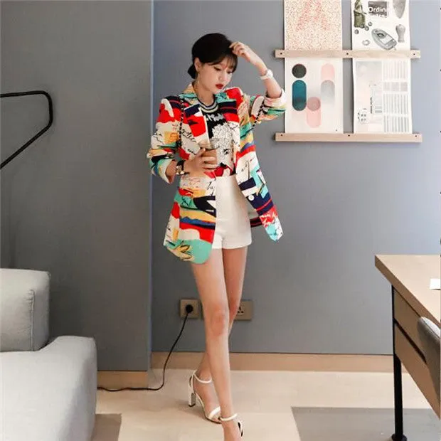 CM-CF010721 Women Trendy Street Style Tailored Collar Long Sleeve Printings Jacket