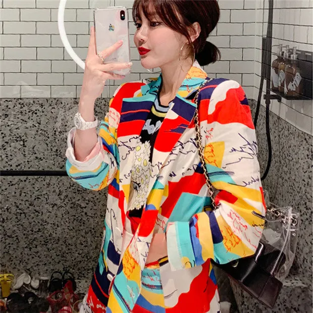 CM-CF010721 Women Trendy Street Style Tailored Collar Long Sleeve Printings Jacket