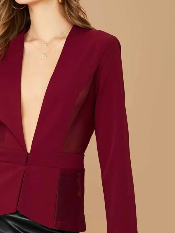 CM-CS011379 Women Elegant Seoul Style Long Sleeve Plunge Neck Mesh Panel Tailored Blazer - Wine Red