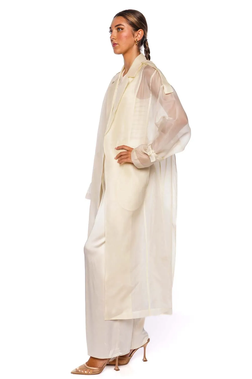 Cream Silk Organza Belted Trench Coat