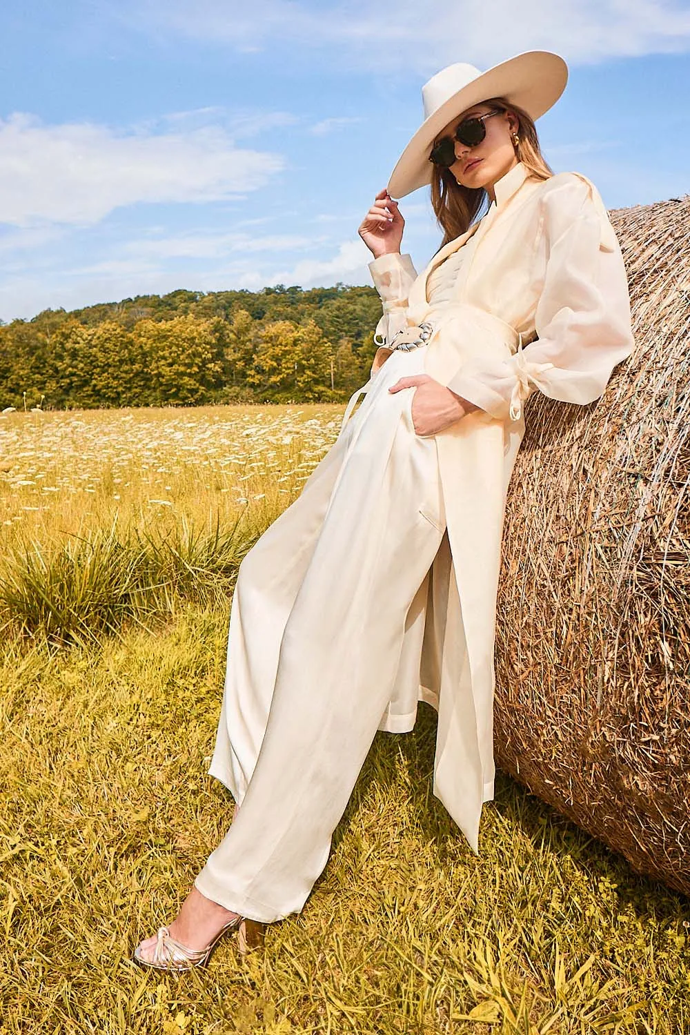 Cream Silk Organza Belted Trench Coat